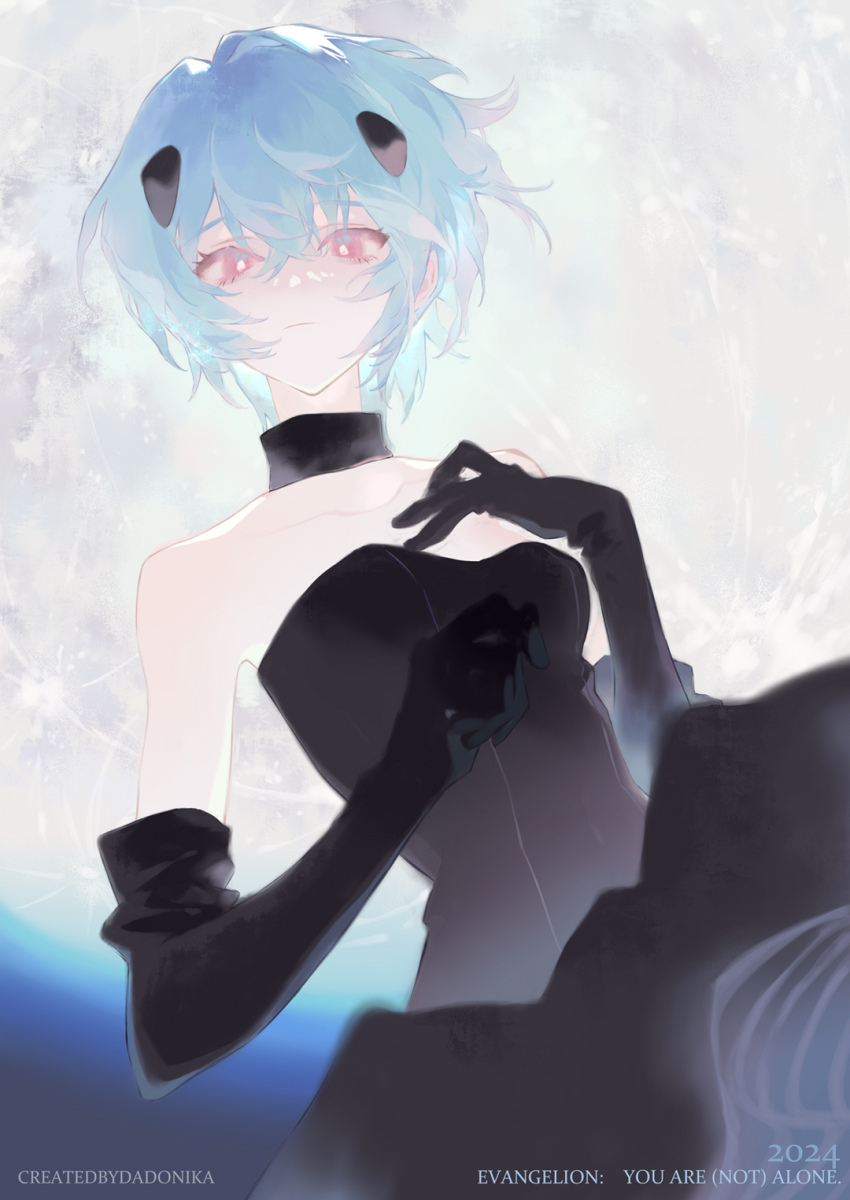 1girl, ayanami_rei, black_collar, black_dress, black_gloves, blue_hair, collar, collarbone, commentary, cowboy_shot, dadonikaaaaaaaaaaa, dated, detached_collar, dress, elbow_gloves, english_commentary, evangelion:_1.0_you_are_(not)_alone, full_moon, gloves, hair_between_eyes, hand_up, highres, interface_headset_(evangelion), looking_at_viewer, medium_hair, moon, neon_genesis_evangelion, night, rebuild_of_evangelion, red_eyes, sleeveless, sleeveless_dress