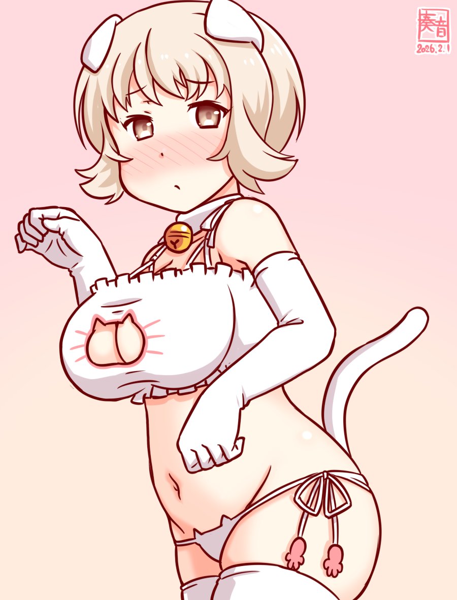 1girl, alternate_costume, animal_ears, artist_logo, blonde_hair, blush, bra, breasts