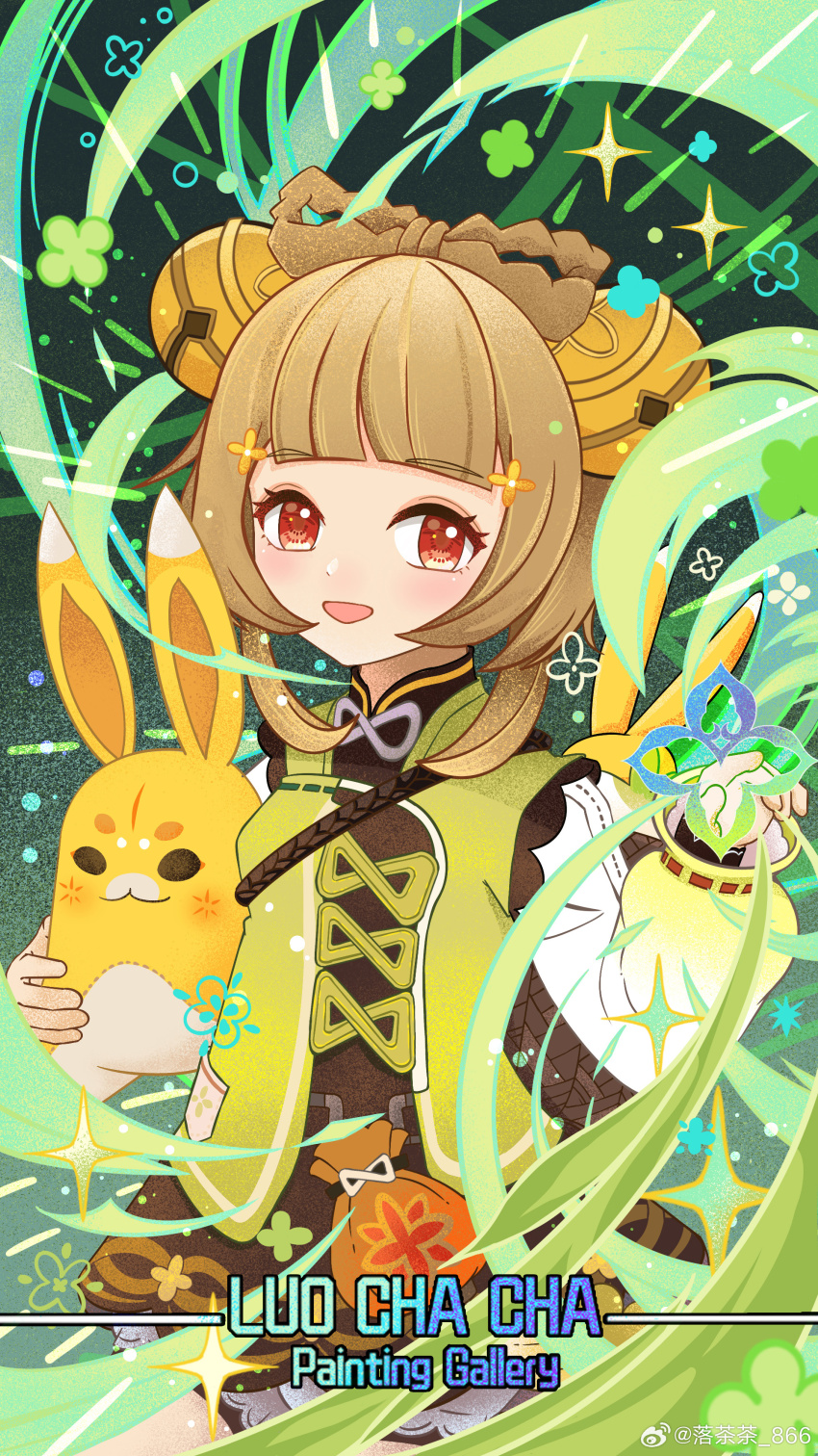 1girl, :d, absurdres, bell, blunt_bangs, bow-shaped_hair, braid, braided_hair_rings, brown_hair, chinese_clothes, chinese_commentary, commentary_request, english_text, genius_invokation_tcg_(style), genshin_impact, hair_bell, hair_ornament, hair_rings, highres, holding, long_hair, long_sleeves, looking_at_viewer, luochacha, open_mouth, red_eyes, sidelocks, smile, solo, stuffed_animal, stuffed_toy, yaoyao_(genshin_impact), yuegui_(genshin_impact)