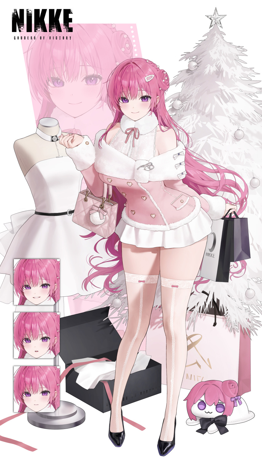 1girl, absurdres, bag, black_bag, breasts, christmas_tree, closed_mouth, commentary, doro_(nikke), dorothy_(nikke), english_commentary, goddess_of_victory:_nikke, hair_ornament, hairpin, handbag, highres, himekaji, holding, holding_bag, kir_(khw66136132), large_breasts, long_hair, looking_at_viewer, pink_bag, pink_hair, pink_shirt, purple_eyes, shirt, skirt, smile, solo, white_background, white_skirt