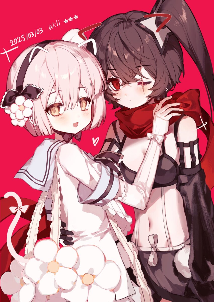 2girls, black_hair, blush, flower, flower_ornament, hair_flower, hair_ornament, hand_on_another's_waist