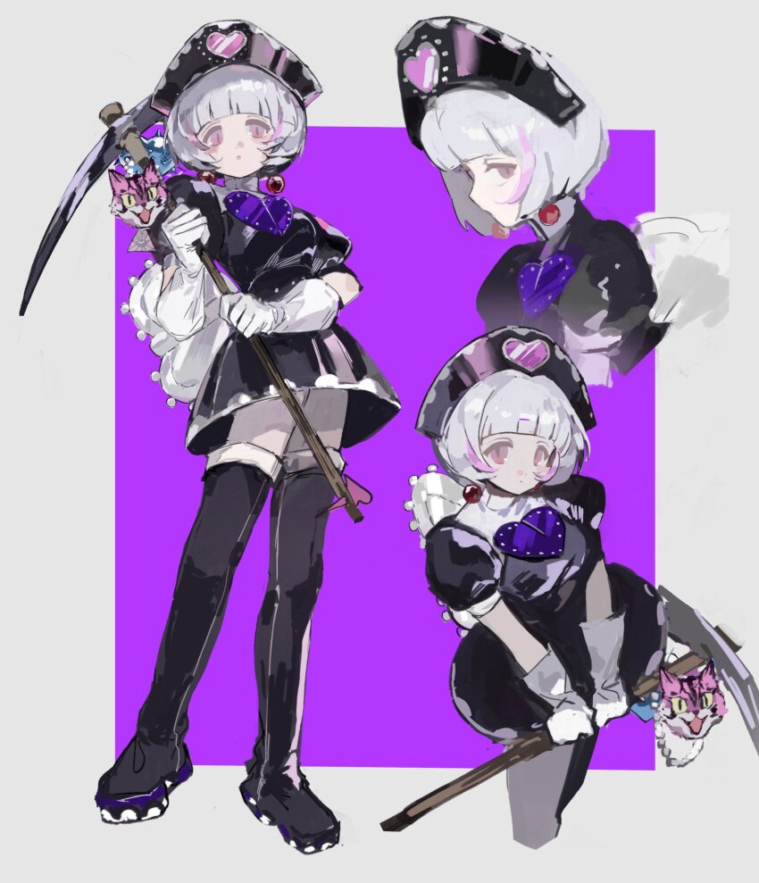 1girl, black_thighhighs, gloves, hat, heart-shaped_gem, highres, hime_cut, holding, holding_pickaxe, kumi-kumi, magical_girl, mahou_shoujo_ikusei_keikaku, pickaxe, pink_eyes, short_hair, thighhighs, wei_er_chenxing, white_gloves, white_hair