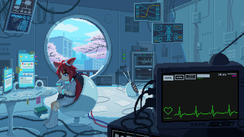 1boy, animal_ears, animated, animated_gif, black_hair, boots, cable, cardiogram