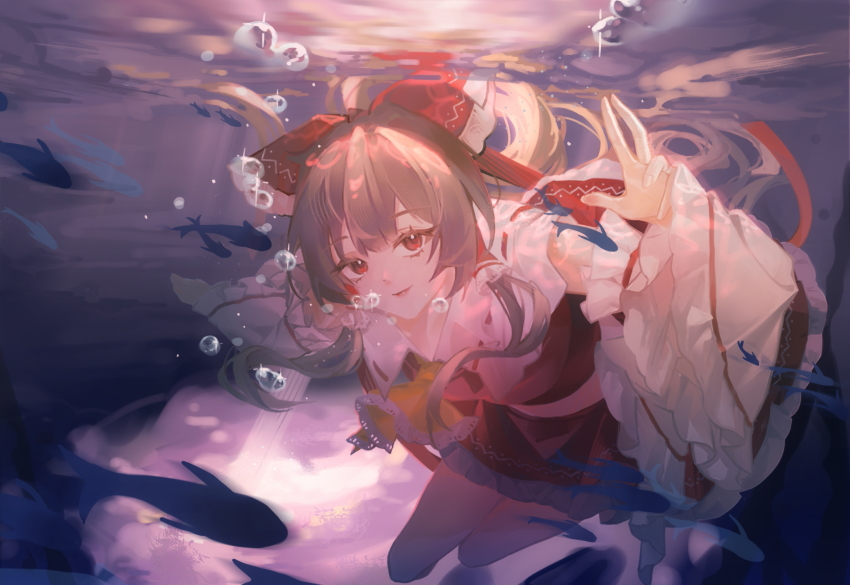 1girl, air_bubble, ascot, bow, brown_hair, bubble, commentary_request, detached_sleeves, fish, frilled_bow, frilled_hair_tubes, frills, hair_bow, hair_tubes, hakurei_reimu, highres, jing-endorphin, long_hair, looking_at_viewer, open_mouth, red_bow, red_eyes, red_skirt, ribbon-trimmed_sleeves, ribbon_trim, skirt, skirt_set, smile, solo, touhou, underwater, yellow_ascot