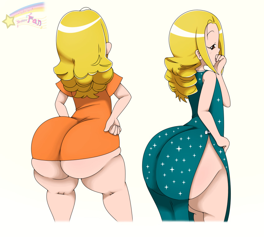 1girl, ass, blonde_hair, brown_eyes, dress, female_focus, flat_chest, huge_ass, loli, long_hair, looking_back, ojamajo_doremi, simple_background, solo, solo_focus, tamaki_reika, touhoufan, white_background