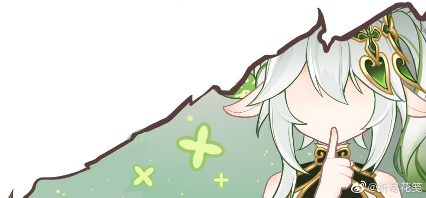 1girl, commentary_request, detached_sleeves, finger_to_mouth, genius_invokation_tcg_(style), genshin_impact, gradient_hair, green_hair