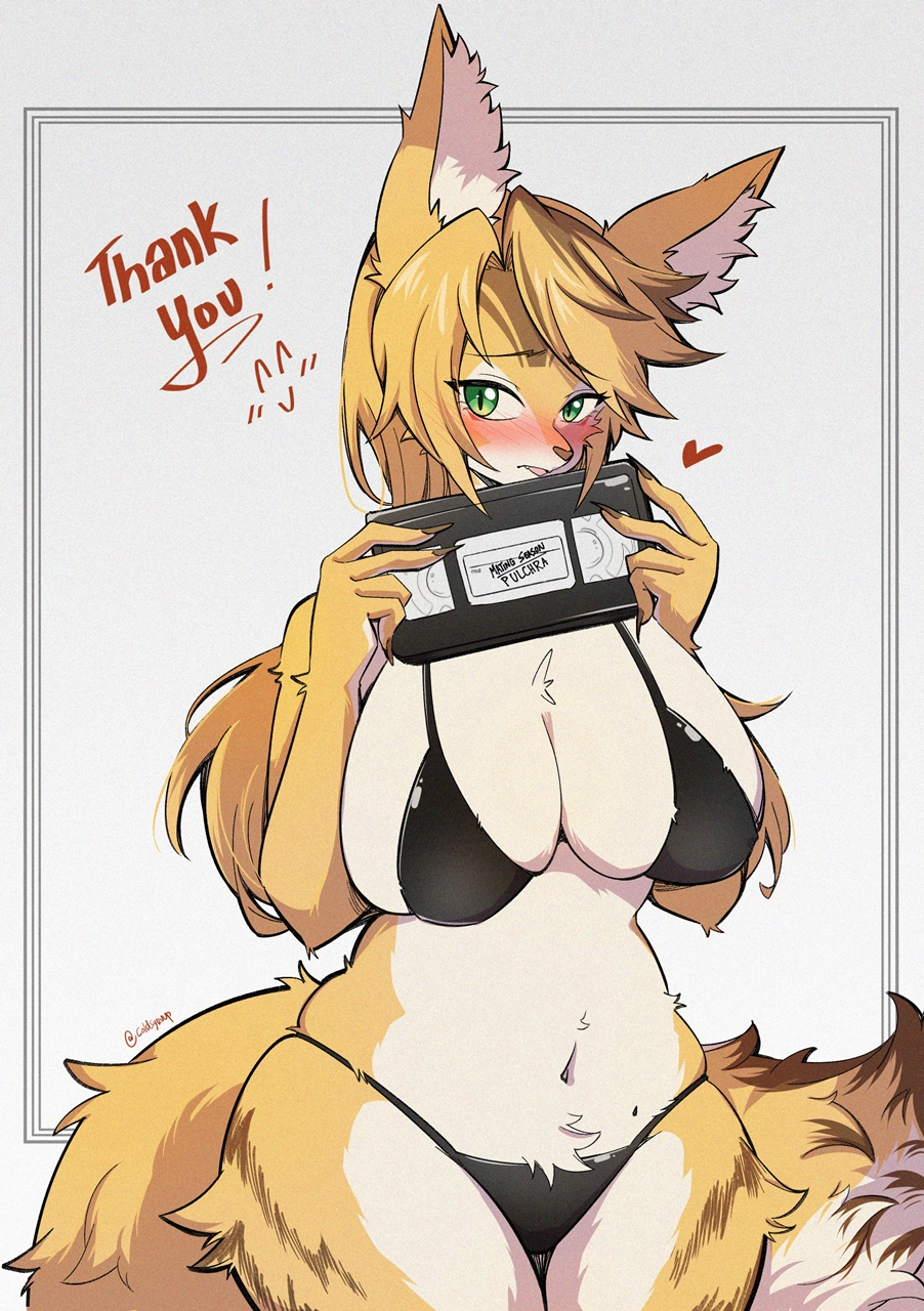 1girl, animal_ear_fluff, animal_ears, bikini, black_bikini, blonde_hair, blush, body_fur, breasts, cat_ears, cat_girl, cat_tail, cleavage, coldsyrup, commentary_request, furry, furry_female, heart, highres, holding_cassette_tape, large_breasts, looking_at_viewer, open_mouth, parted_bangs, ponytail, pulchra_fellini, solo, swimsuit, tail, yellow_fur, zenless_zone_zero