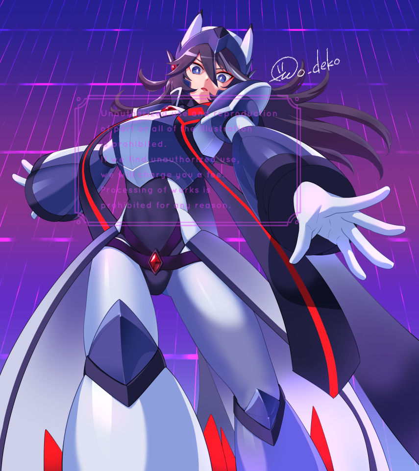 1girl, armor, black_hair, commentary_request, commission, cowboy_shot, helmet, long_hair