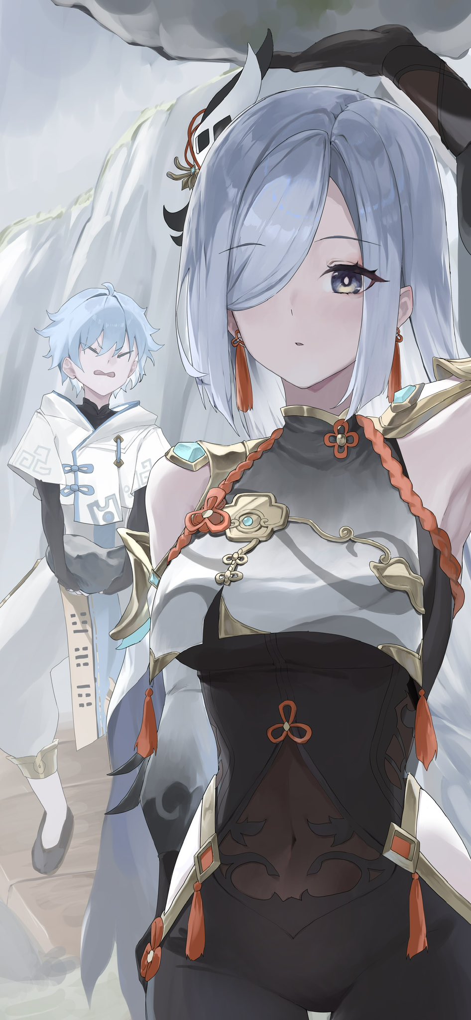 1boy, 1girl, arm_up, armpits, aunt_and_nephew, bare_shoulders, black_bodysuit, black_shirt