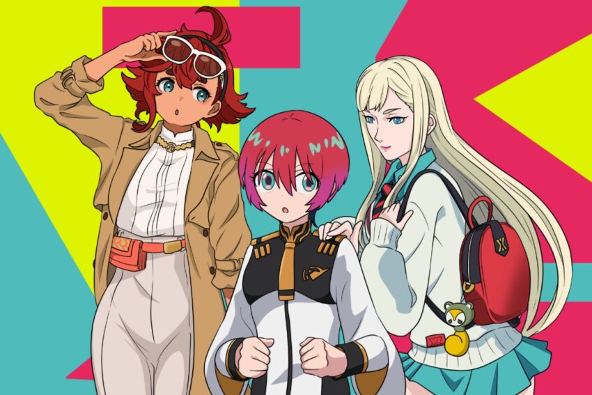 3girls, adjusting_eyewear, ahoge, amate_yuzuriha, asticassia_school_uniform, backpack, bag, blonde_hair, commentary_request, cosplay, costume_switch, eyewear_on_head, gigi_andalusia, gundam, gundam_gquuuuuux, gundam:_hathaway's_flash, gundam_suisei_no_majo, hairband, hand_on_another's_shoulder, in-franchise_crossover, long_hair, multiple_girls, red_hair, school_uniform, short_hair, shoulder_boards, skirt, suletta_mercury, sunglasses, takanabeasami, very_long_hair
