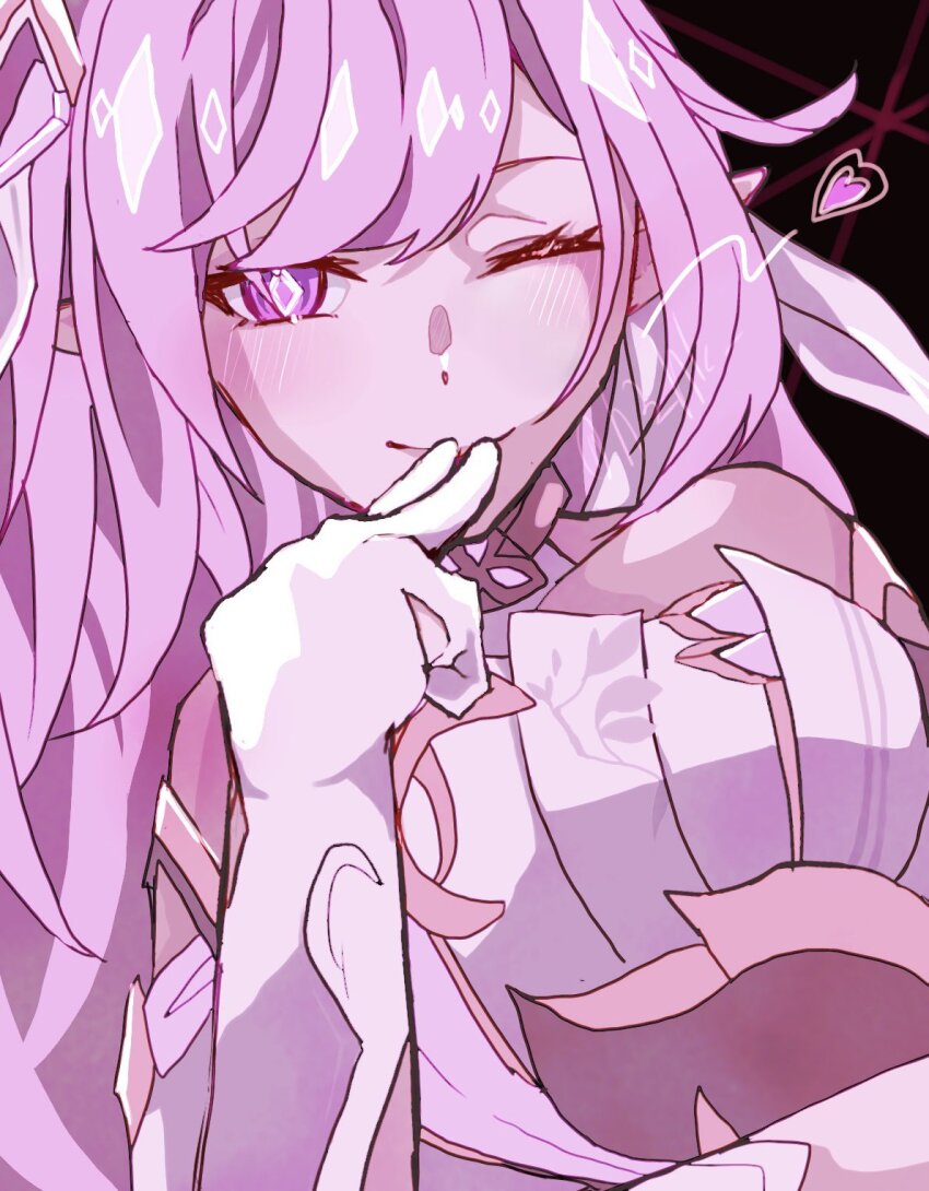 1girl, ;), bare_shoulders, blowing_kiss, breasts, commentary_request, corset, diamond-shaped_pupils