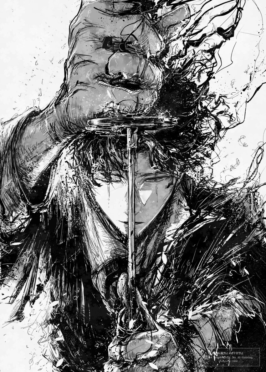 1boy, collared_shirt, greyscale, highres, holding, holding_sword, holding_weapon, jacket