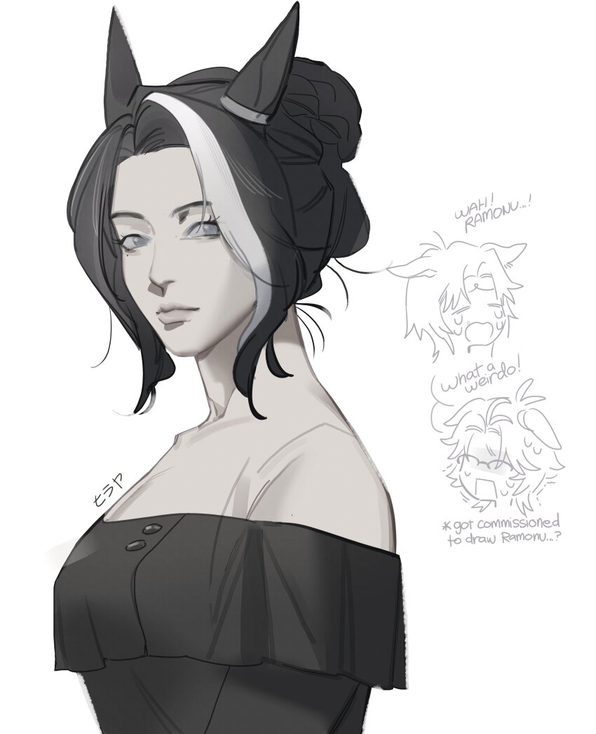 1girl, absurdres, animal_ears, bare_shoulders, black_hair, black_shirt, braid, braided_bun