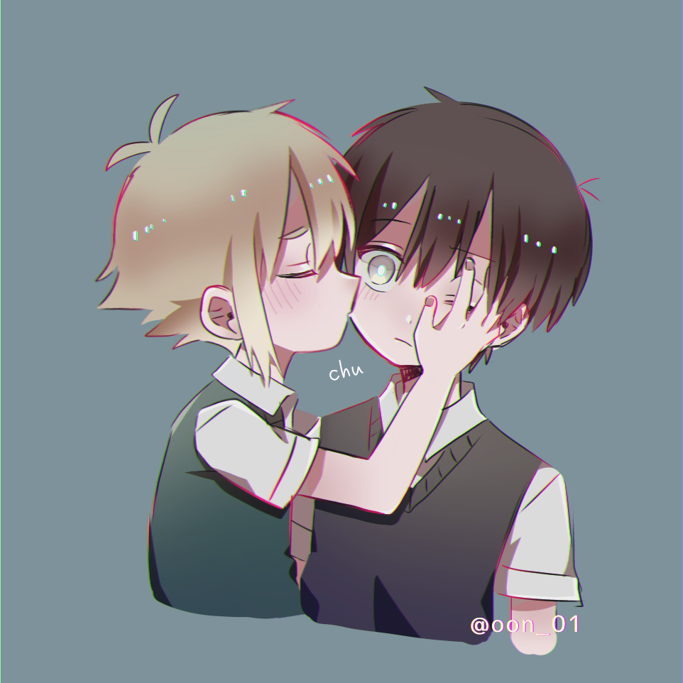 2boys, amane_(ama_yzk00), antenna_hair, basil_(faraway)_(omori), basil_(omori), black_sweater_vest, blonde_hair, blue_background