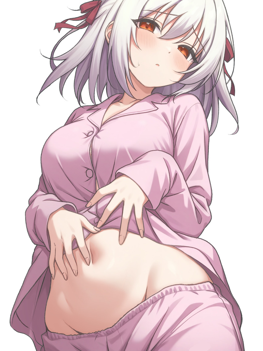 1girl, absurdres, blush, breasts, buttons, clothes_lift, collared_shirt, commentary_request