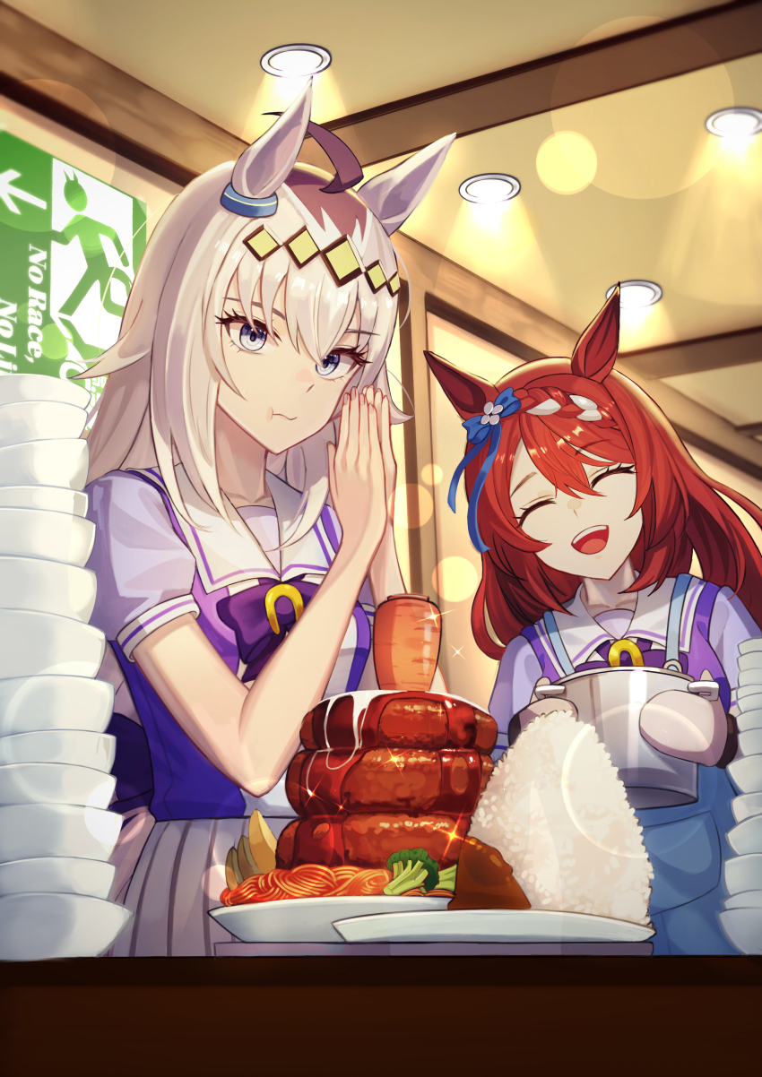 2girls, absurdres, ahoge, animal_ears, apron, blue_apron, blue_bow, blue_eyes