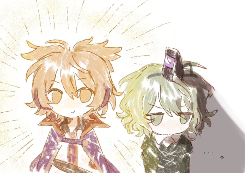 ..., 2girls, belt, black_belt, black_hat, black_ribbon, blonde_hair, chinese_commentary