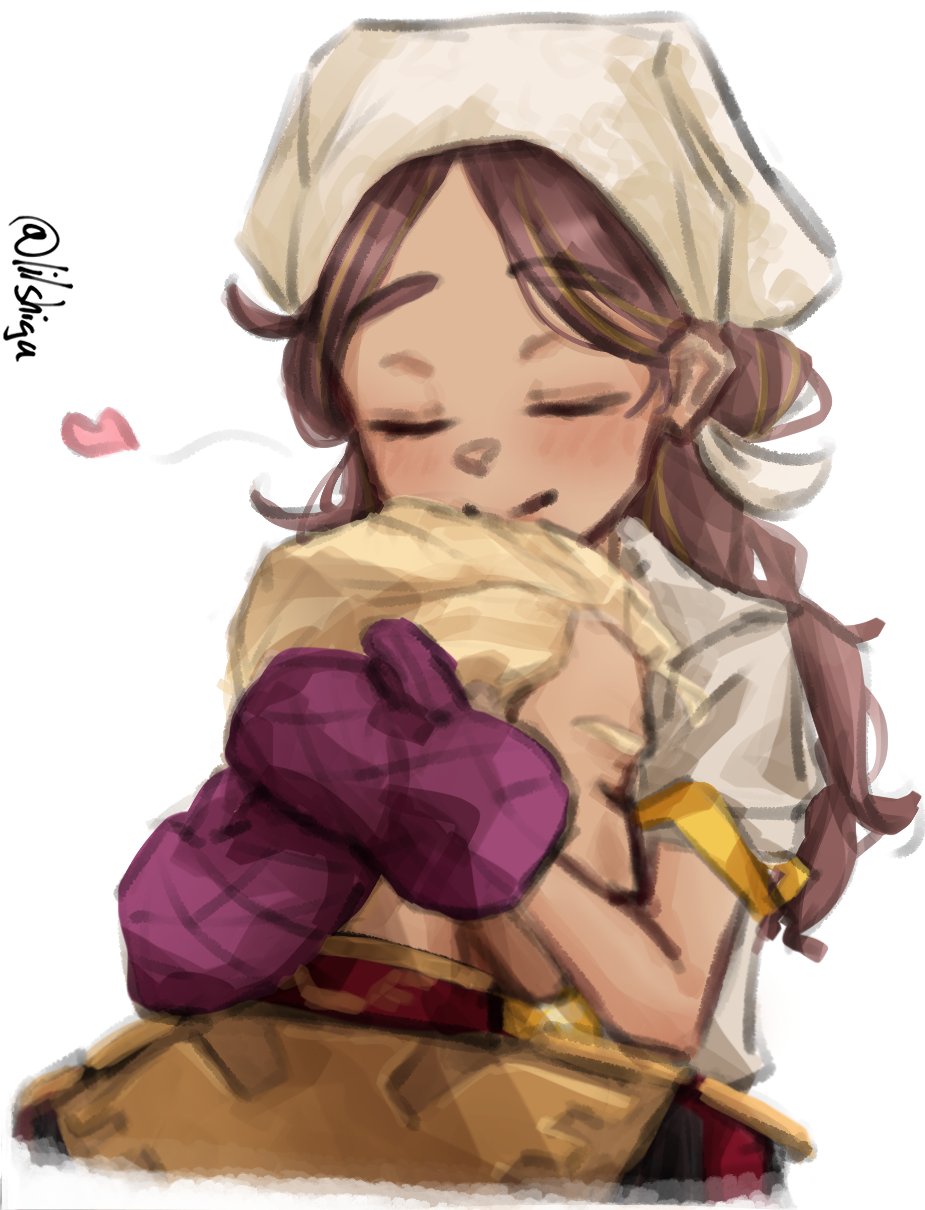 1boy, 1girl, bandana, brown_bandana, brown_hair, brown_shirt, character_request, closed_eyes, commentary_request, crossover, dark-skinned_female, dark_skin, double_bun, gundam, hair_bun, highres, hug, kantai_collection, lilshigu, military_uniform, one-hour_drawing_challenge, oven_mitts, shirt, thick_eyebrows, thonburi_(kancolle), thonburi_(nanakusagayu)_(kancolle)