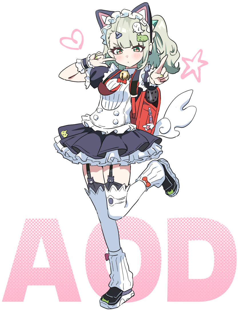 1girl, animal_ears, apron, backpack, bag, black_dress, black_garter_straps, cat_ears, commentary_request, dress, fake_animal_ears, frilled_dress, frills, garter_straps, green_eyes, green_hair, highres, kiyokezo, korean_commentary, looking_at_viewer, maid, maid_apron, maid_headdress, medium_hair, official_alternate_costume, ponytail, randoseru, red_bag, solo, star_(symbol), sunna_(afternoon_tea_break)_(zenless_zone_zero), sunna_(zenless_zone_zero), thighhighs, white_thighhighs, zenless_zone_zero