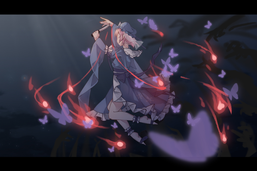 1girl, black_sandals, blue_hat, blue_kimono, bug, butterfly, commentary_request, disembodied_hand