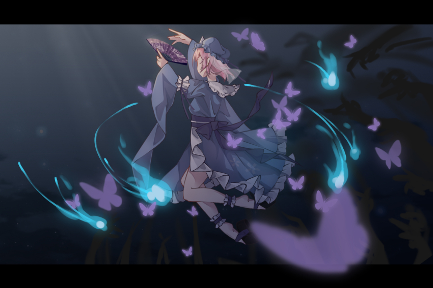 1girl, black_sandals, blue_hat, blue_kimono, bug, butterfly, commentary_request, disembodied_hand