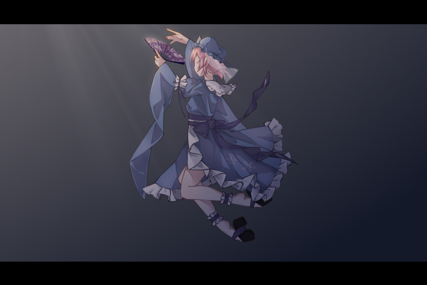 1girl, black_sandals, blue_hat, blue_kimono, commentary_request, folding_fan, full_body, hand_fan