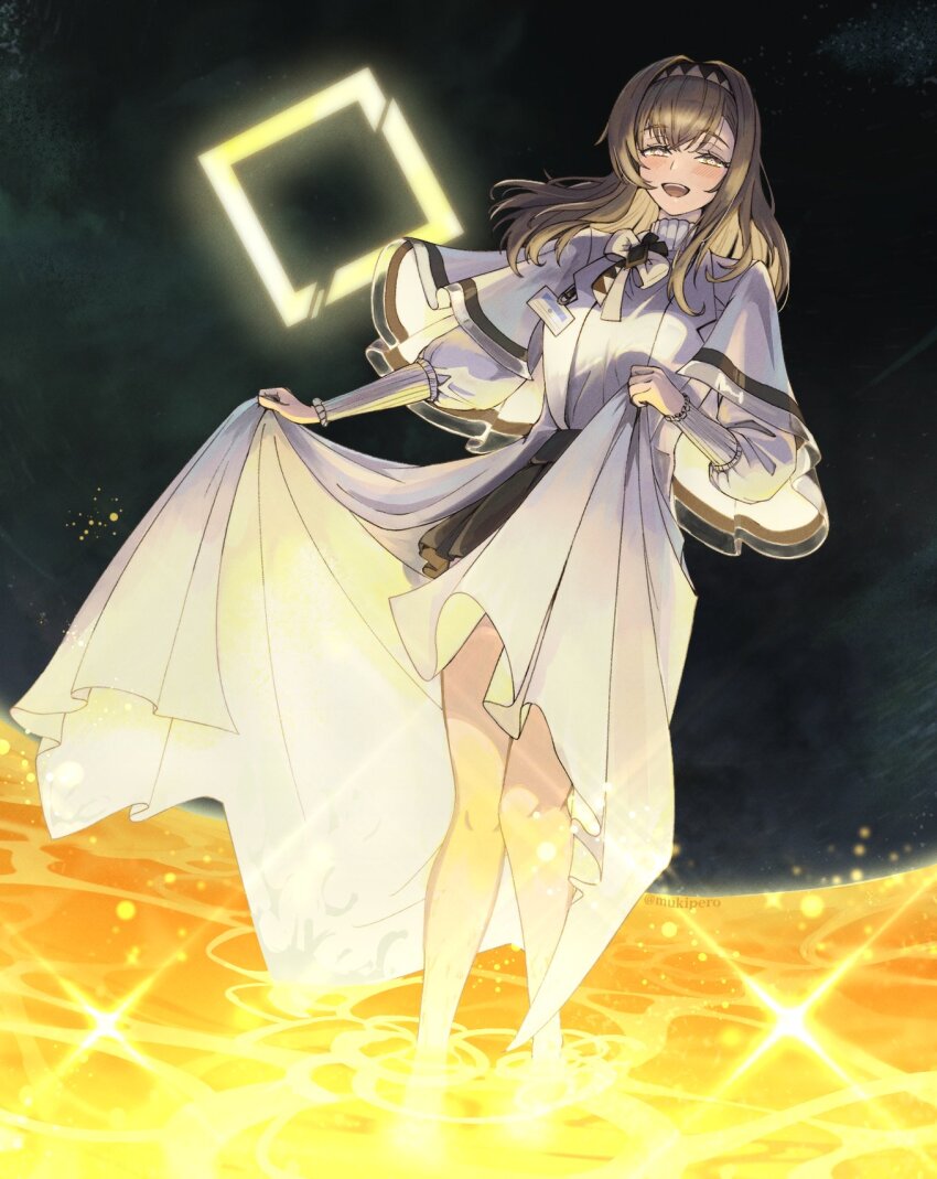 1girl, arknights, black_background, black_hairband, black_skirt, blush, bow, brown_hair