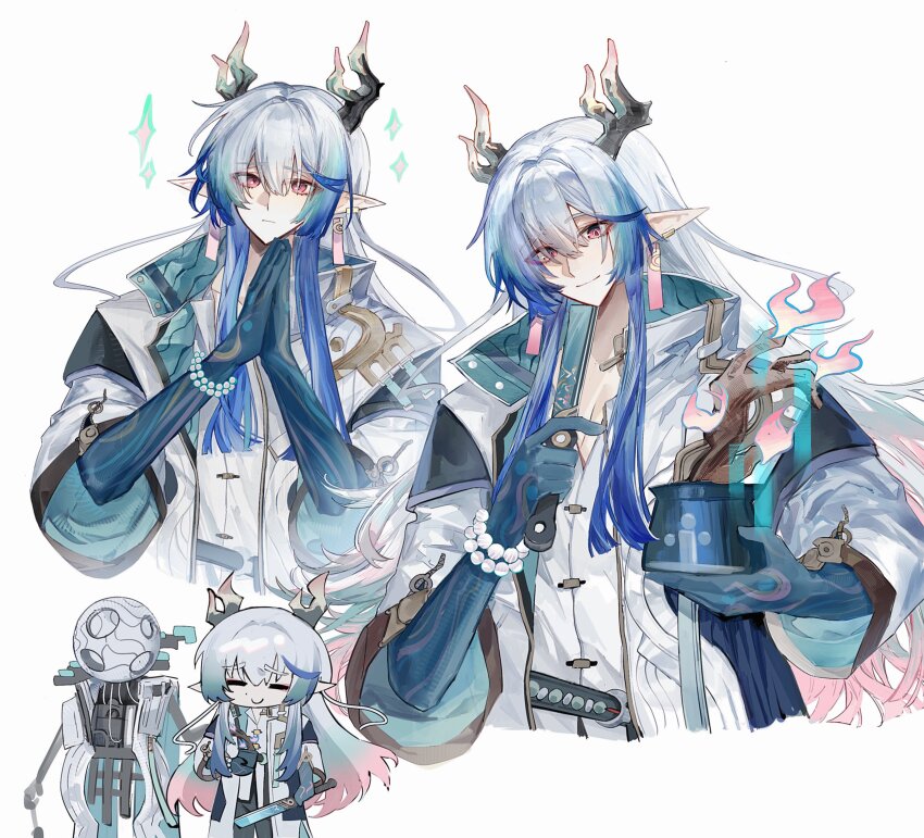 2boys, absurdres, arknights, blue_hair, blue_hands, bochishiraita, chibi, closed_eyes