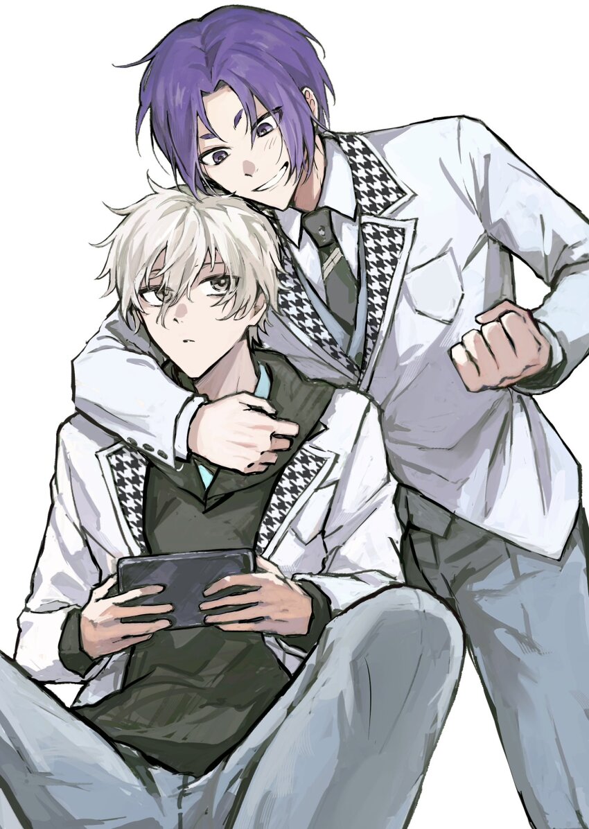 arm_around_neck, black_hoodie, blue_lock, commentary_request, eye_contact, grey_eyes, grey_pants, hakuho_high_school_uniform, highres, holding, holding_phone, hood, hoodie, immmso_ko, looking_at_another, messy_hair, mikage_reo, nagi_seishirou, on_floor, pants, phone, purple_eyes, purple_hair, raised_fist, school_uniform, short_hair, smile, standing, white_background, white_hair