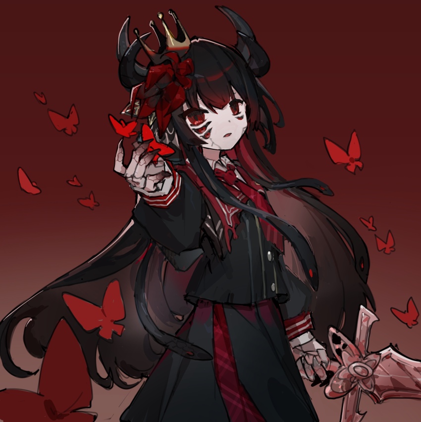 1girl, absurdres, black_hair, black_horns, black_shirt, black_skirt, bug, butterfly, claws, colored_extremities, commentary, cowboy_shot, cracked_skin, crown, extra_eyes, extra_horns, flower, frider, hair_flower, hair_ornament, hand_up, highres, holding, holding_sword, holding_weapon, horns, insect, long_hair, long_sleeves, looking_at_viewer, mahou_shoujo_no_majo_saiban, necktie, nikaido_hiro, open_mouth, pleated_skirt, red_background, red_butterfly, red_eyes, red_flower, red_necktie, shirt, skirt, smile, snake_hair, solo, spoilers, standing, sword, weapon, witch_(manosaba)