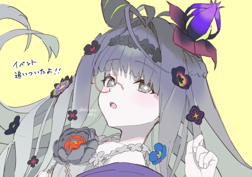 1girl, ahoge, artist_name, commentary_request, cone_hair_bun, fate/grand_order, fate_(series), flora_(fate), flower, flower-shaped_pupils, grey_eyes, grey_hair, hair_bun, hair_flower, hair_ornament, long_hair, monocle, official_alternate_color, shimaa482, symbol-shaped_pupils, twitter_username, yellow_background