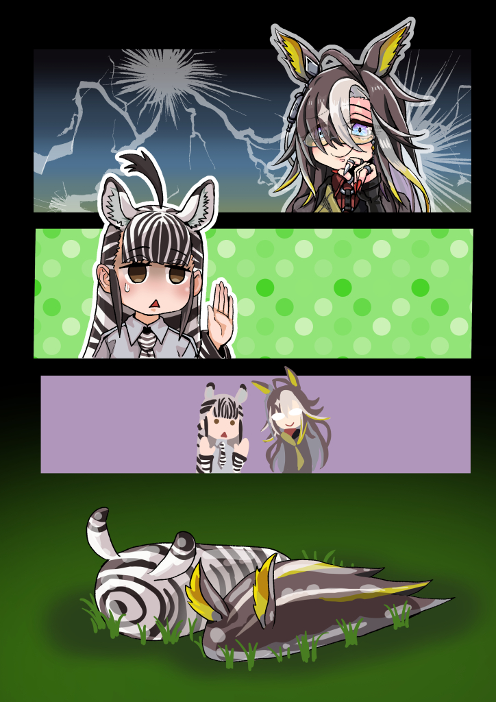 2girls, ahoge, animal_ears, animal_print, black_hair, blue_eyes, blush, brown_eyes