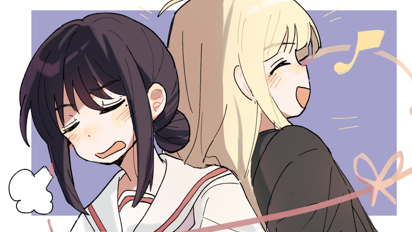 2girls, :d, ^_^, back-to-back, black_shirt, blonde_hair, blue_background, border