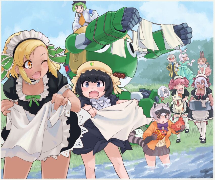 6+girls, angol_mois, animal_ears, apron, black_hair, blonde_hair, blue_sky, bow