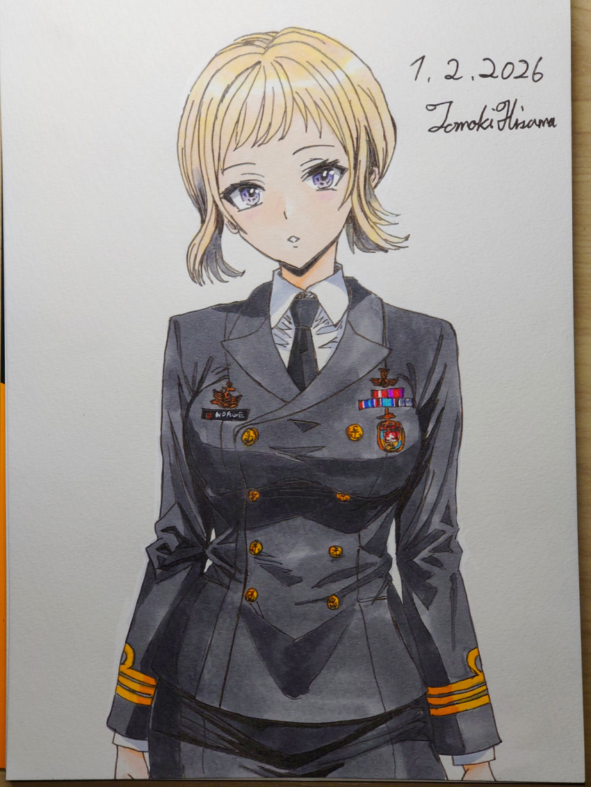 1girl, alternate_costume, artist_name, black_jacket, black_necktie, black_skirt, blonde_hair, breasts