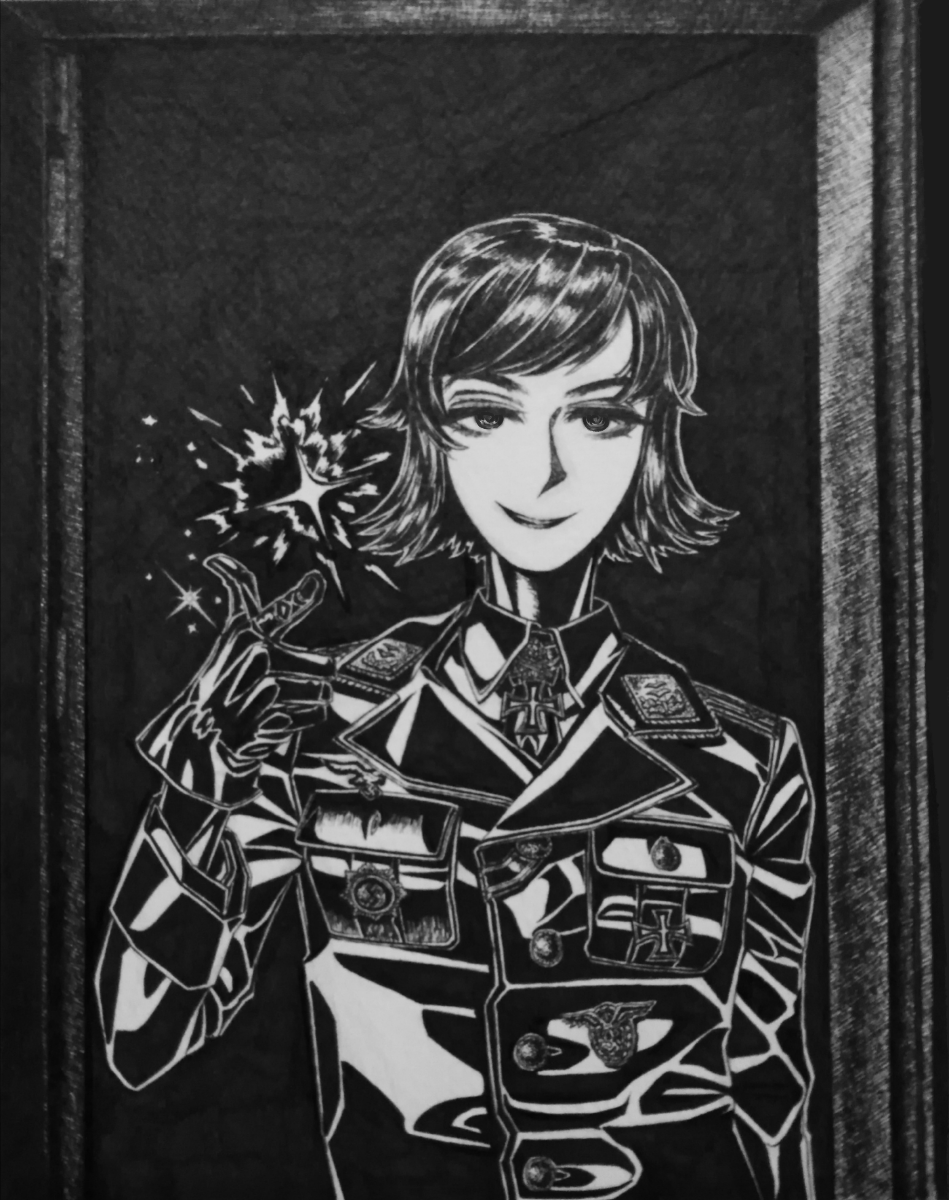 1girl, bob_cut, bordfunker133, breast_pocket, collar_tabs, cross, dress_shirt, genderswap