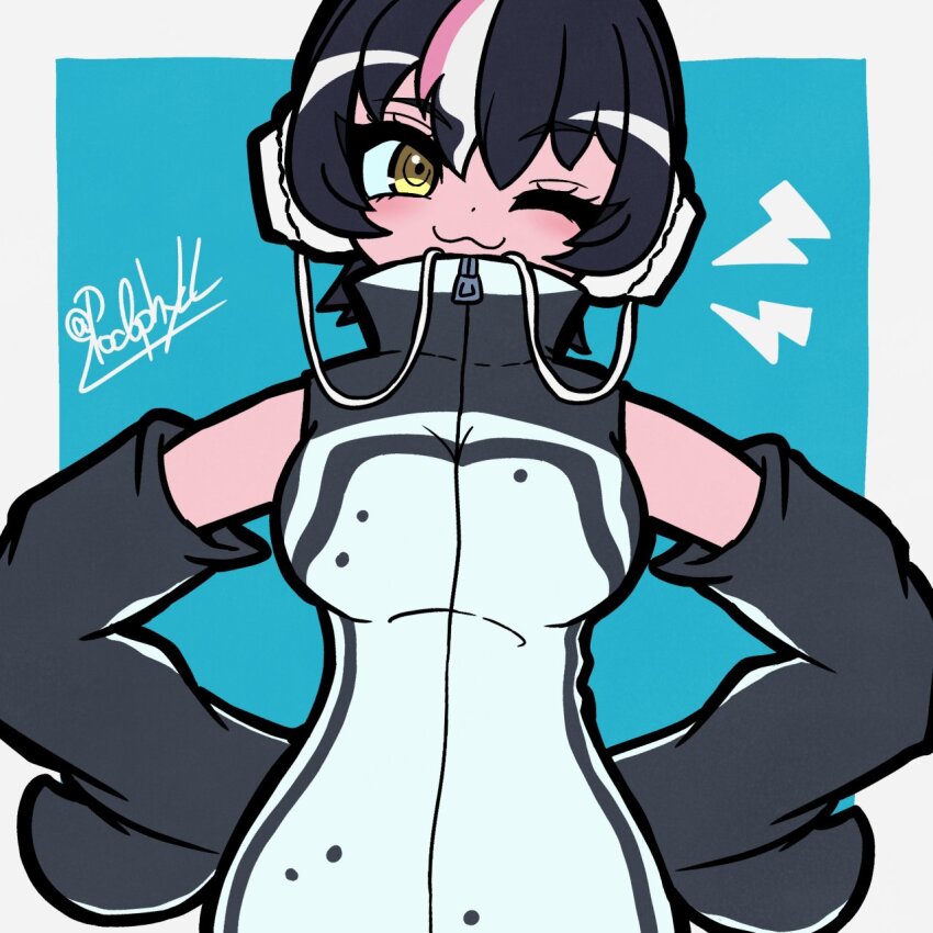 1girl, bare_shoulders, black_hair, blue_background, breasts, commentary_request, elbow_gloves, galapagos_penguin_(kemono_friends), gloves, highres, hood, hoodie, kemono_friends, kemono_friends_3, large_breasts, looking_at_viewer, multicolored_hair, one_eye_closed, penguin_girl, podophyll, short_hair, simple_background, sleeveless, solo, streaked_hair, yellow_eyes, zipper