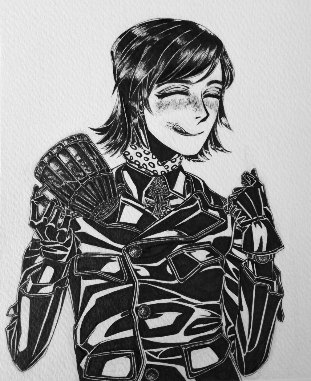 1girl, black_gloves, blush, bob_cut, bordfunker133, buttons, closed_eyes, commentary_request