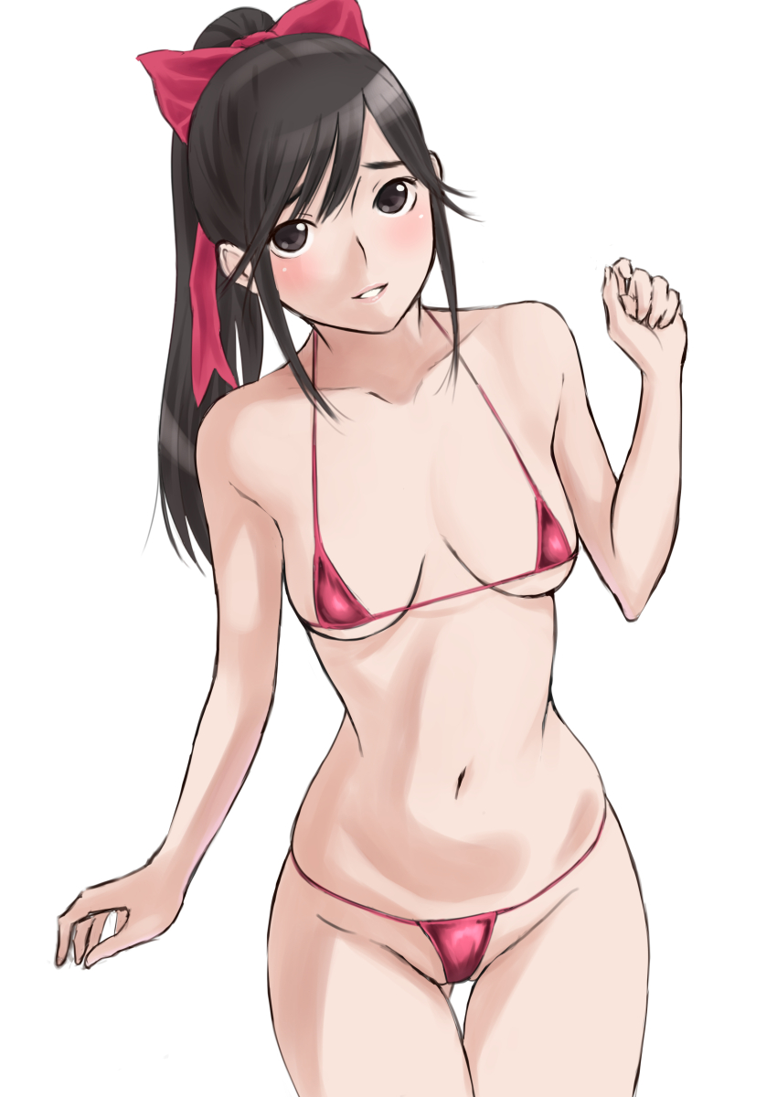 1girl, absurdres, bikini, black_eyes, black_hair, blush, bow, breasts, clenched_hand, collarbone, commentary_request, cowboy_shot, groin, hair_bow, hair_ribbon, hand_up, highres, long_hair, looking_at_viewer, love_plus, medium_breasts, miato, micro_bikini, navel, official_style, parted_lips, ponytail, raised_inner_eyebrows, red_bikini, ribbon, simple_background, skindentation, solo, standing, string_bikini, swimsuit, takane_manaka, white_background