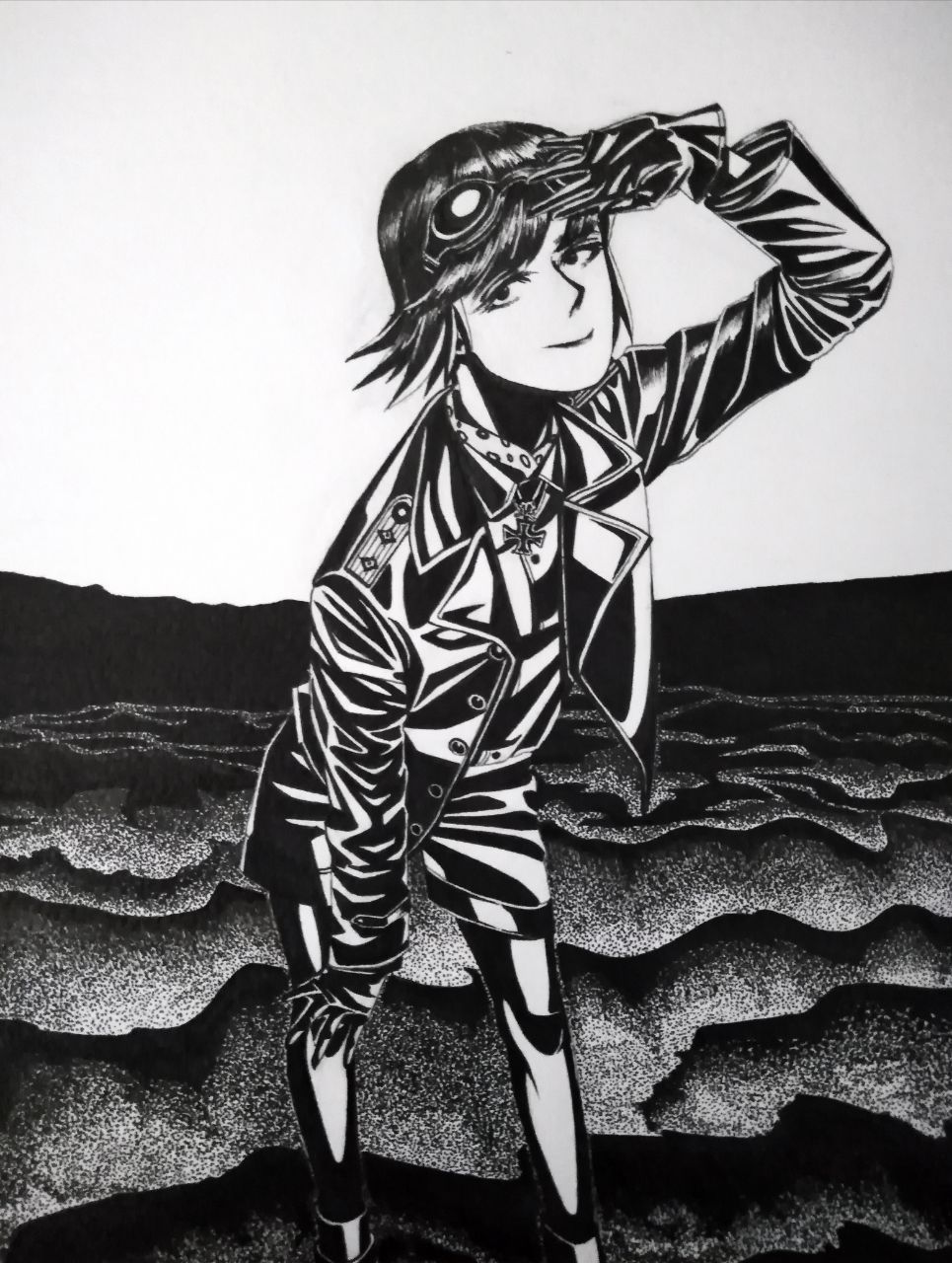 1girl, afrika_korps, black_gloves, bob_cut, bordfunker133, commentary_request, cougar_pattern, cougar_pattern_foulard