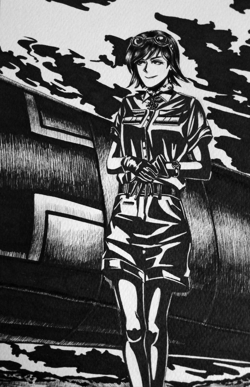 1girl, afrika_korps, aircraft, airplane, balkenkreuz, bob_cut, bordfunker133, breast_pocket