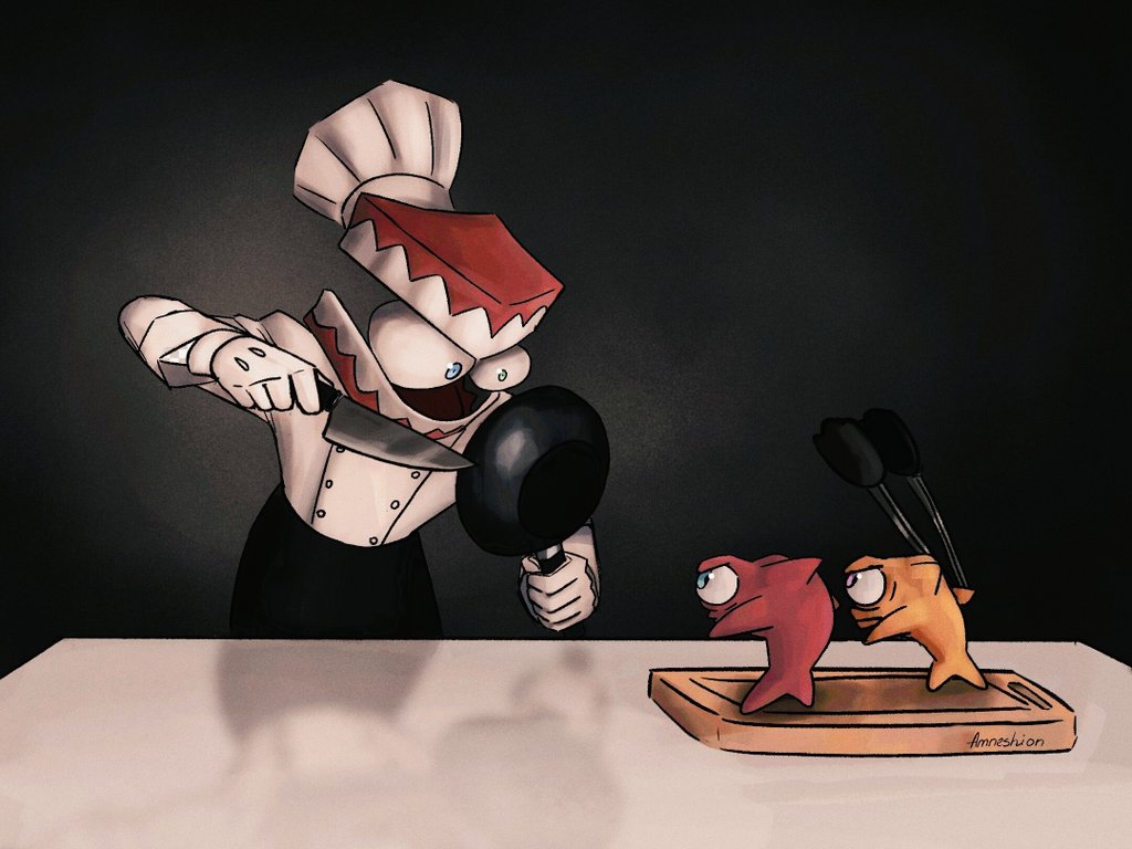 1boy, amneshion, artist_name, bandeusi!_madinneun_yorireul_haenaegetsseumnida_(meme), black_background, blue_eyes, caine_(the_amazing_digital_circus), chef, chef_hat, commentary, cutting_board, dentures, detached_eyes, english_commentary, fish, frying_pan, gloves, hat, heterochromia, holding, holding_knife, holding_pan, kitchen_knife, knife, meme, multicolored_eyes, teeth, the_amazing_digital_circus, white_gloves