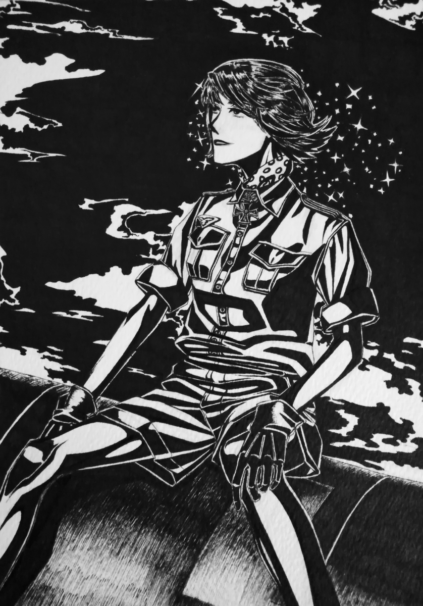 1girl, afrika_korps, aircraft, airplane, black_gloves, bob_cut, bordfunker133, breast_pocket