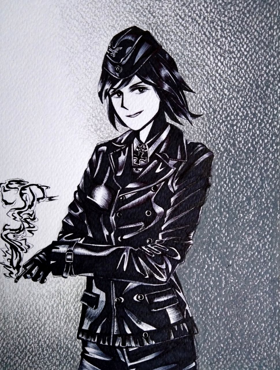 1girl, black_gloves, black_jacket, black_pants, bordfunker133, buttons, cigarette, cross, double-breasted, dress_shirt, genderswap, genderswap_(mtf), gloves, greyscale, grin, hans-joachim_marseille, hat, highres, holding, holding_cigarette, iron_cross, jacket, looking_at_viewer, luftwaffe, marseille-chan_(bordfunker133), medium_hair, military, military_uniform, monochrome, nazi, original, pants, real_life, reichsadler, shirt, smile, smoking, soldier, solo, swastika, world_war_ii