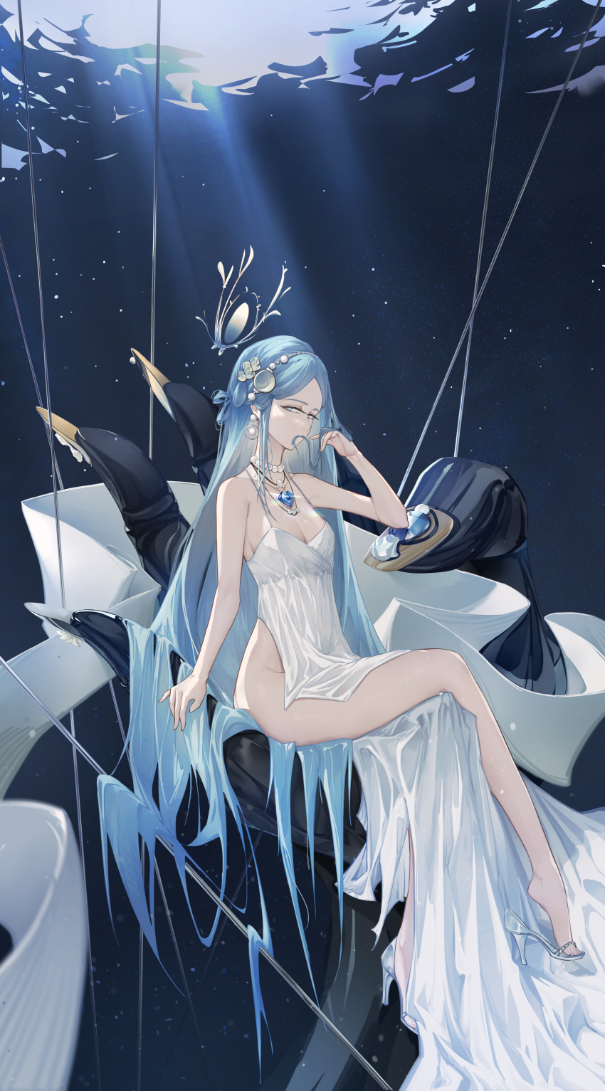 1girl, absurdres, azur_lane, bare_shoulders, blue_eyes, blue_hair, breasts, champagne_(adulation_eternal)_(azur_lane)