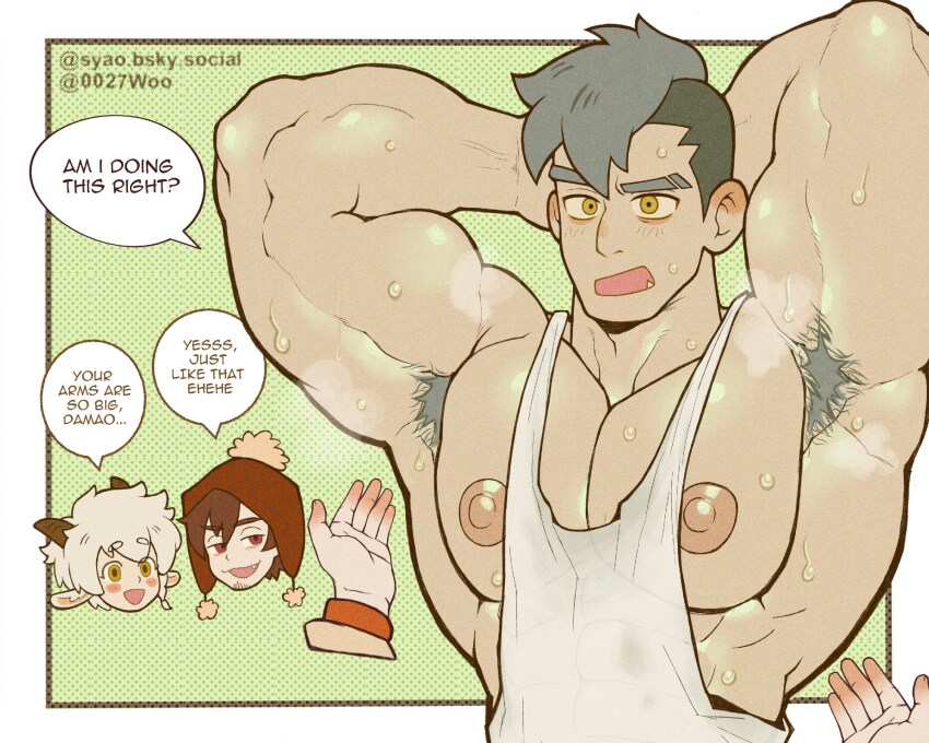 3boys, all_saints_street, animal_ears, armpit_hair, armpits, arms_behind_head, bara, beanie