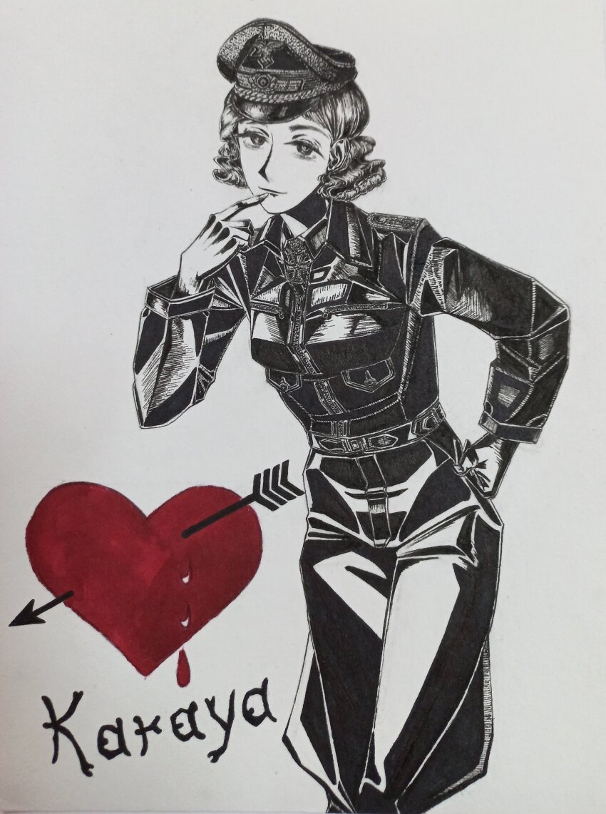 1girl, absurdres, belt, black_jacket, bordfunker133, collar_tabs, cross, curly_hair