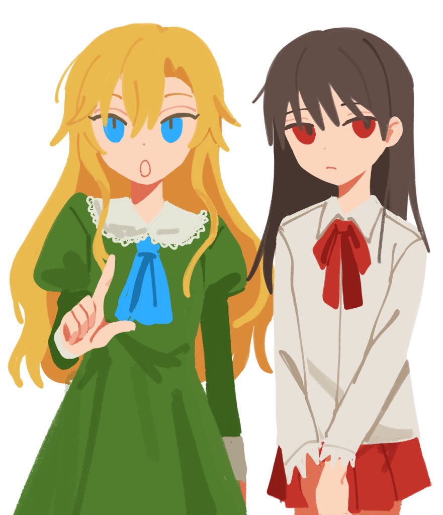 2girls, ascot, blonde_hair, blue_eyes, collared_dress, collared_shirt, commentary, cowboy_shot