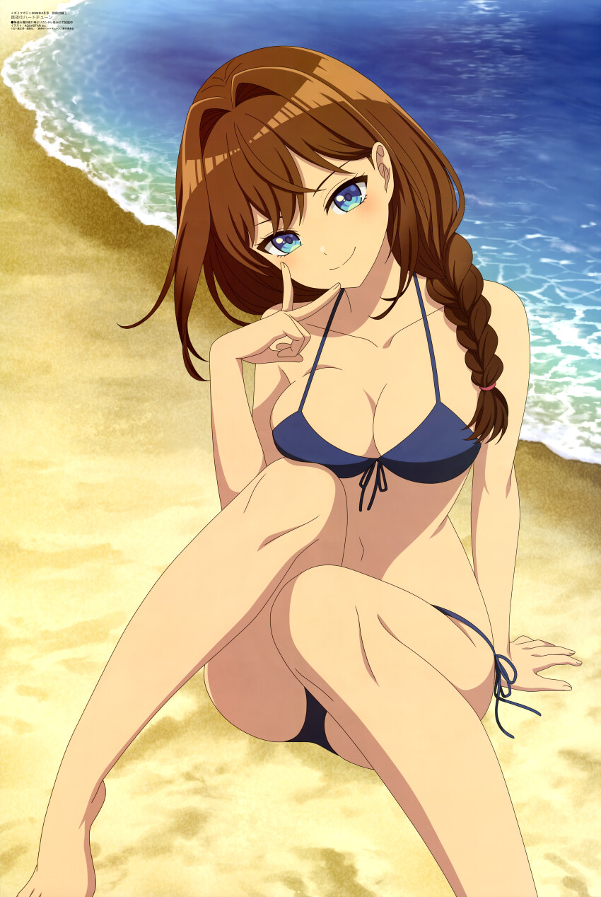 1girl, absurdres, anime_coloring, aquastar_inc., beach, bikini, blue_bikini, blue_eyes, blush, braid, braided_ponytail, breast_press, breasts, brown_hair, cleavage, closed_mouth, collarbone, copyright_name, copyright_notice, feet_out_of_frame, hair_intakes, hair_over_shoulder, highres, inohana_rikka, knees_together_feet_apart, large_breasts, long_hair, looking_at_viewer, magazine_scan, mayonaka_heart_tune, megami_magazine, navel, ocean, official_art, outdoors, sand, scan, side-tie_bikini_bottom, smile, solo, swimsuit, third-party_source, v, water