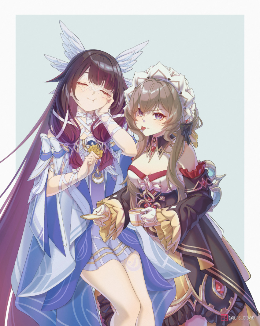 2girls, :p, :t, arm_ribbon, bare_shoulders, black_bow, black_collar, black_dress